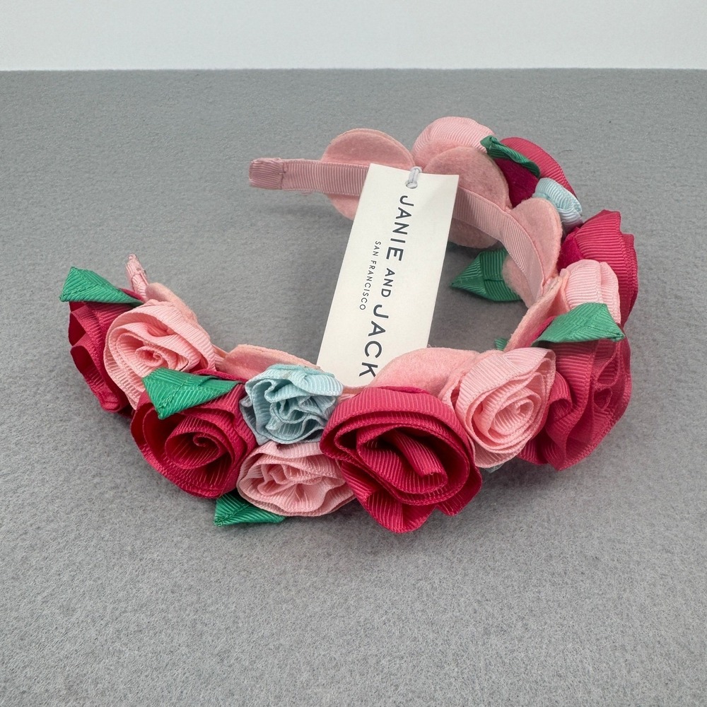 NWT Janie and Jack Girls Pink/Red Floral Grosgrain Ribbon Rose‎ Flower Headband